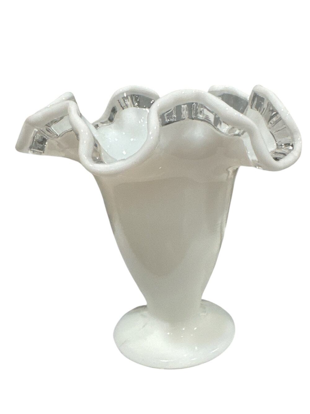 Rare Vintage Fenton Milk Glass Ruffled Vse with Clear Glass Trim
